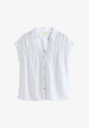 Witte blouse met korte mouwen, geplooide halslijn, kraag en knoopsluiting aan de voorkant.