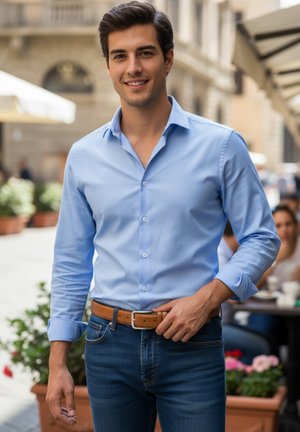 Lichtblauw overhemd met lange mouwen, gedragen met een donkere spijkerbroek en een bruine leren riem. Gladde stof, netjes en nauwkeurig gesneden pasvorm.