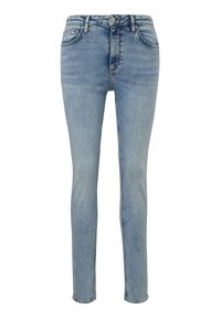 Jasnoniebieskie wąskie dżinsy wykonane z denimu, z pięcioma kieszeniami, z zapięciem na guzik oraz delikatnym przetarciem wzdłuż nogawek dla uzyskania tekstury.