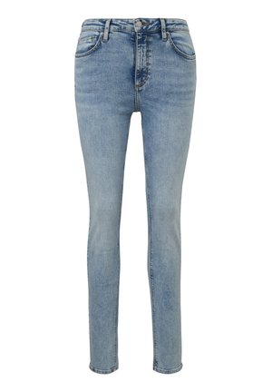 Lichtblauwe skinny jeans van denim, met vijf zakken, een knoopsluiting en subtiele vervaging langs de benen voor textuur.
