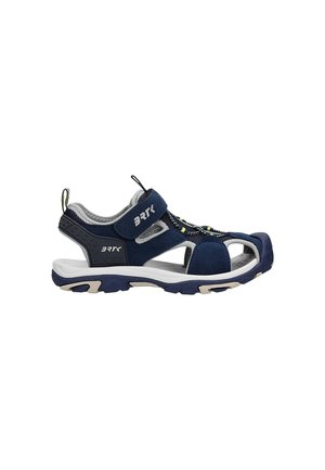 Sportliche Sandale in Marineblau mit grauen Akzenten, offener Zehenpartie, verstellbaren Riemen und strukturiertem, gepolstertem Fußbett. Leichtes Design.