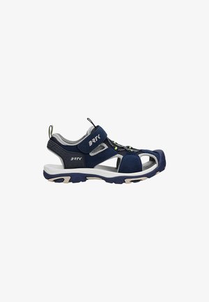 Sandale de sport bleu marine avec accents gris, dotée d'un bout ouvert, de sangles ajustables et d'une semelle texturée rembourrée. Design léger.
