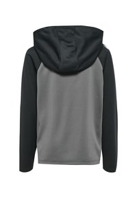 Langärmliger Hoodie mit schwarzen Ärmeln und Kapuze und grauem Oberkörper, von hinten auf weißem Hintergrund dargestellt.