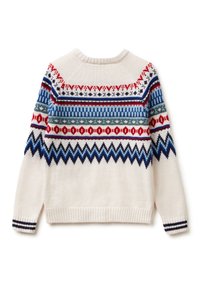 Pletený svetr s krémovým základem, výraznými geometrickými vzory v červené, modré, zelené a černé barvě, s elastickými manžetami a lemem, designem s kulatým výstřihem.