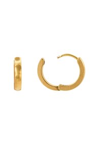Goldene Creolen mit einer strukturierten, gebürsteten Oberfläche. Kreisförmiges Design mit einer Scharnieröffnung, das eine dicke Form für einen mutigen Look aufweist.