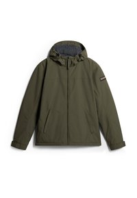 Giacca verde oliva con zip e cappuccio, tasche laterali e interno grigio foderato; presenta coulisse regolabili e polsini elastici.