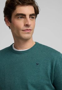 Suéter verde hecho de material suave con un cuello redondo, que presenta un sutil logo bordado en el pecho. Textura lisa con puños acanalados.