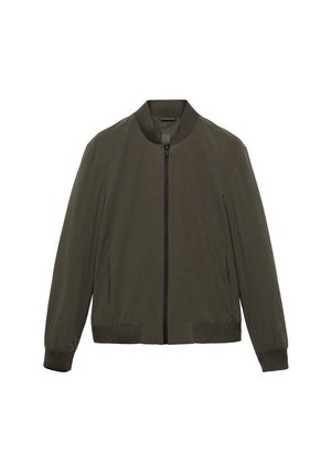 Giacca bomber verde oliva con chiusura a zip nera, polsini e orlo a costine, tessuto leggero e design del colletto rotondo.