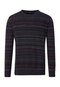 Gestreifter Pullover mit Rundhalsausschnitt, der in dunklem Maroon, Blau und Grau gestreift ist. Weiche Textur und gerippte Bündchen und Saum.