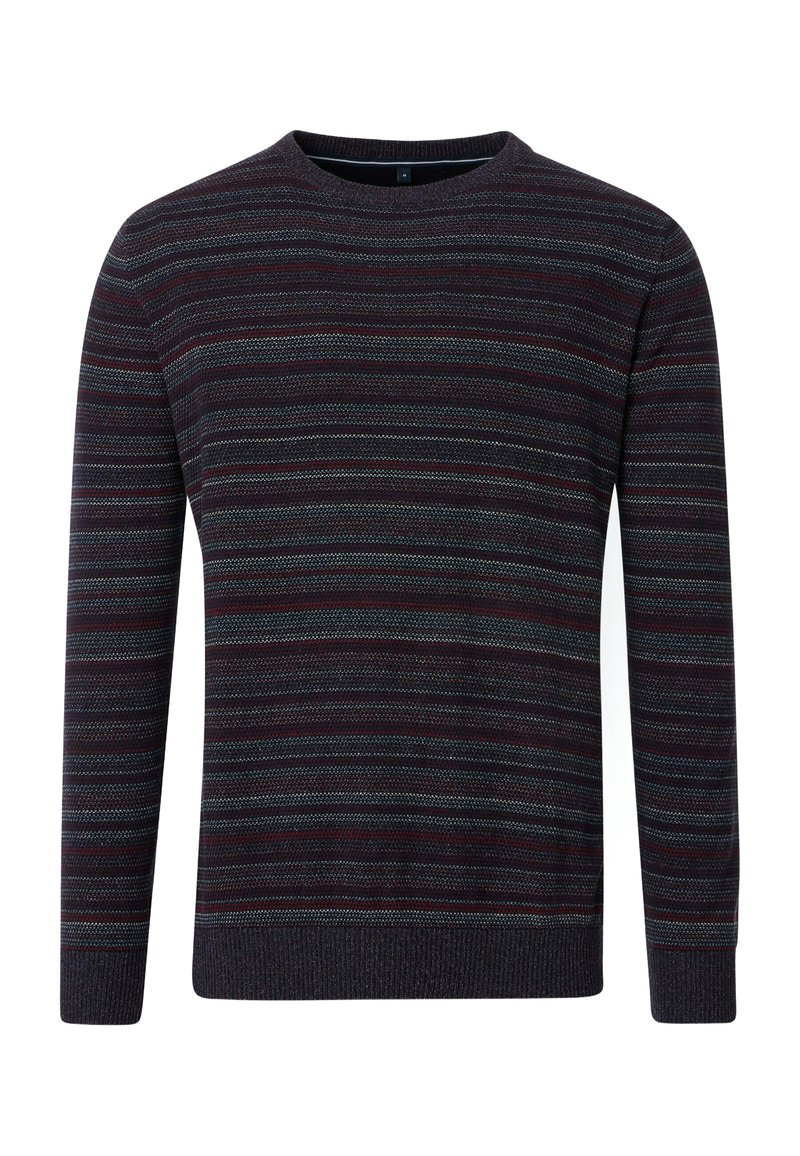 Gestreifter Pullover mit Rundhalsausschnitt, der in dunklem Maroon, Blau und Grau gestreift ist. Weiche Textur und gerippte Bündchen und Saum.