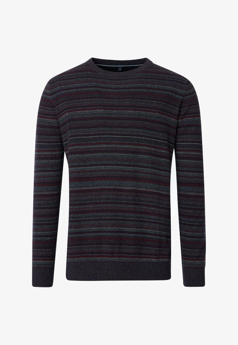 Gestreifter Pullover mit Rundhalsausschnitt, der in dunklem Maroon, Blau und Grau gestreift ist. Weiche Textur und gerippte Bündchen und Saum.