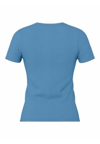 T-shirt a maniche corte, attillato, in tessuto a righe blu chiaro. Presenta un classico collo a giro e una consistenza liscia senza branding visibile.