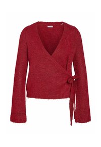 Röd stickad omslagströja med långa ärmar, djup V-ringning och sidoknyte, med en mjuk, fluffig textur.