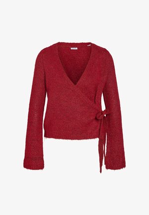 Crvena pletena omotnica s dugim rukavima, dubokim V-izrezom i bočnim vezivanjem, s mekim, dlačicama nalik teksturom.