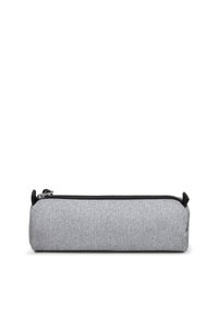 Gray fabric pencil case with a cylindrical shape, zip closure, and black accents. Textured surface, compact design for easy storage.