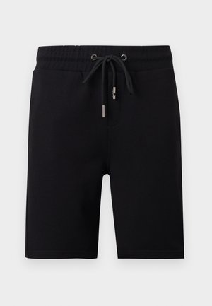 Schwarze Shorts bis zum Knie mit elastischem Bund und schwarzem Kordelzug mit Metallenden, vordere Taschen und glatter Stoffstruktur.