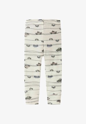 Legginsy bawełniane w jasnobeżowym kolorze bazowym, z wzorem samochodów i motocykli w ciemnoszarym, zielonym i jasnobrązowym kolorze.