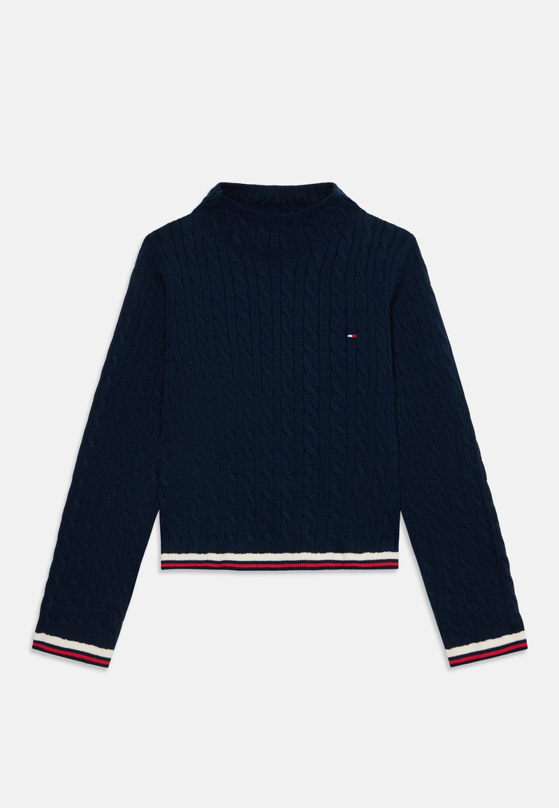 Pull en maille torsadée bleu marine avec manches longues, bordures blanches et rouges rayées aux poignets et à l'ourlet, et petit logo sur la poitrine.
