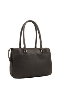 Zwarte leren tote bag met twee lange handvatten, een ritsluiting en een voorzakdetail. Soepele textuur en gestructureerde vorm.