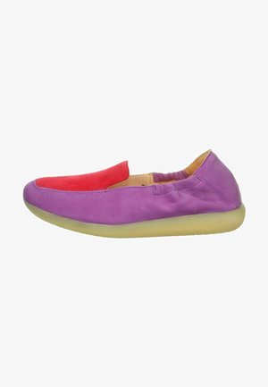 Purple and red slip-on shoe with smooth suede texture, rounded toe, flexible sole, and elasticized ankle for easy wear.
