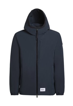 Marineblauwe hoodie, lichtgewicht stof, ritssluiting aan de voorkant, elastische manchetten en een klein logo-opdruk aan de onderkant. Eenvoudig, functioneel ontwerp.