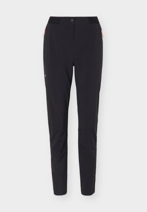 Črne atletske ozke hlače z žepki na straneh z zadrgo in zapenjanjem na potisni gumb, zasnovane za udobje in gibljivost.