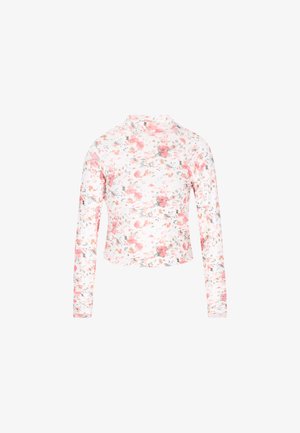 Blomstret langærmet skjorte med høj hals. Har en hvid bundfarve kombineret med pink og grå blomsterdesigns på et blødt stof.