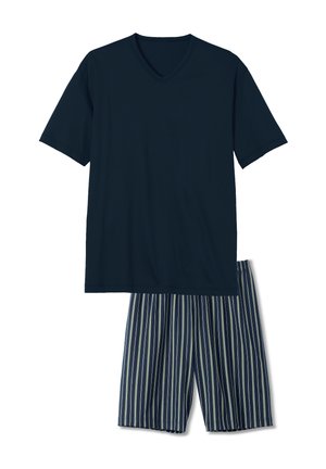 Set di pigiama da uomo composto da una maglietta a maniche corte blu scuro con scollo a V e pantaloni corti a righe blu, bianchi e verdi con cintura elastica.