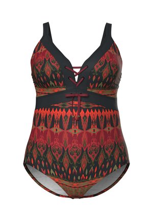 Jednoczęściowy strój kąpielowy z czerwonym, czarnym i oliwkowym wzorem tribal, z dekoltem w serek, regulowanymi ramiączkami oraz sznurowaniem z przodu z zawiązaną kokardą.
