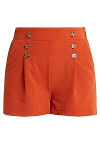 Orange skräddarsydda shorts med hög midja, som har veck, sidofickor och tre dekorativa knappar framtill för detalj.