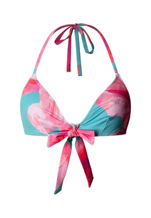 Top de bikini triangular con patrones abstractos en rosa, coral y verde azulado, con tirantes de cuello halter y nudos frontales.
