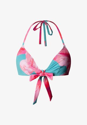 Top de bikini triangular con patrones abstractos en rosa, coral y verde azulado, con tirantes de cuello halter y nudos frontales.