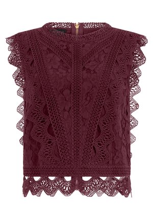 Ärmelloses Pflaumen-Spitzenoberteil mit hohem Kragen, floralen Mustern, geschwungenen Kanten und Reißverschluss am Rücken.