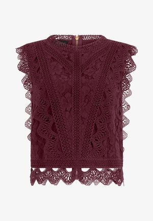 Ärmelloses Pflaumen-Spitzenoberteil mit hohem Kragen, floralen Mustern, geschwungenen Kanten und Reißverschluss am Rücken.