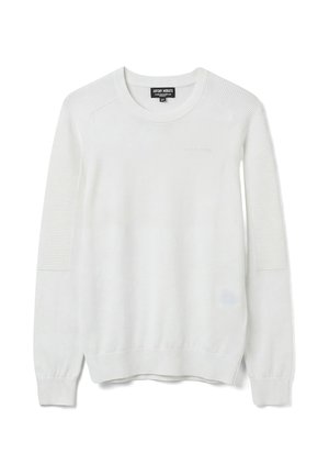 Maglione bianco a maniche lunghe con scollo a girocollo e trama a coste sulle maniche e sul fondo, etichettato Antony Morato taglia 10.