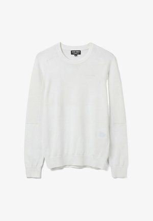 Maglione bianco a maniche lunghe con scollo a girocollo e trama a coste sulle maniche e sul fondo, etichettato Antony Morato taglia 10.
