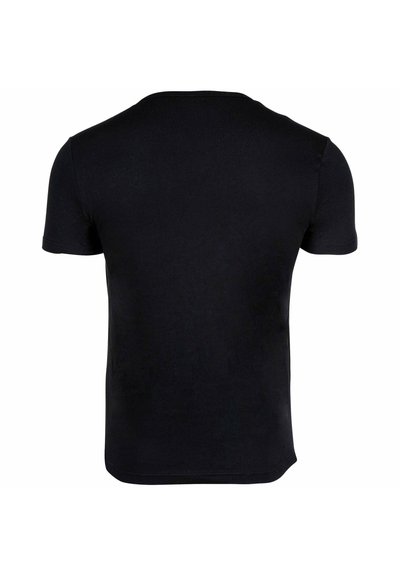 Effen zwarte korte mouwen T-shirt met ronde hals, weergegeven vanaf de achterkant op een witte achtergrond.