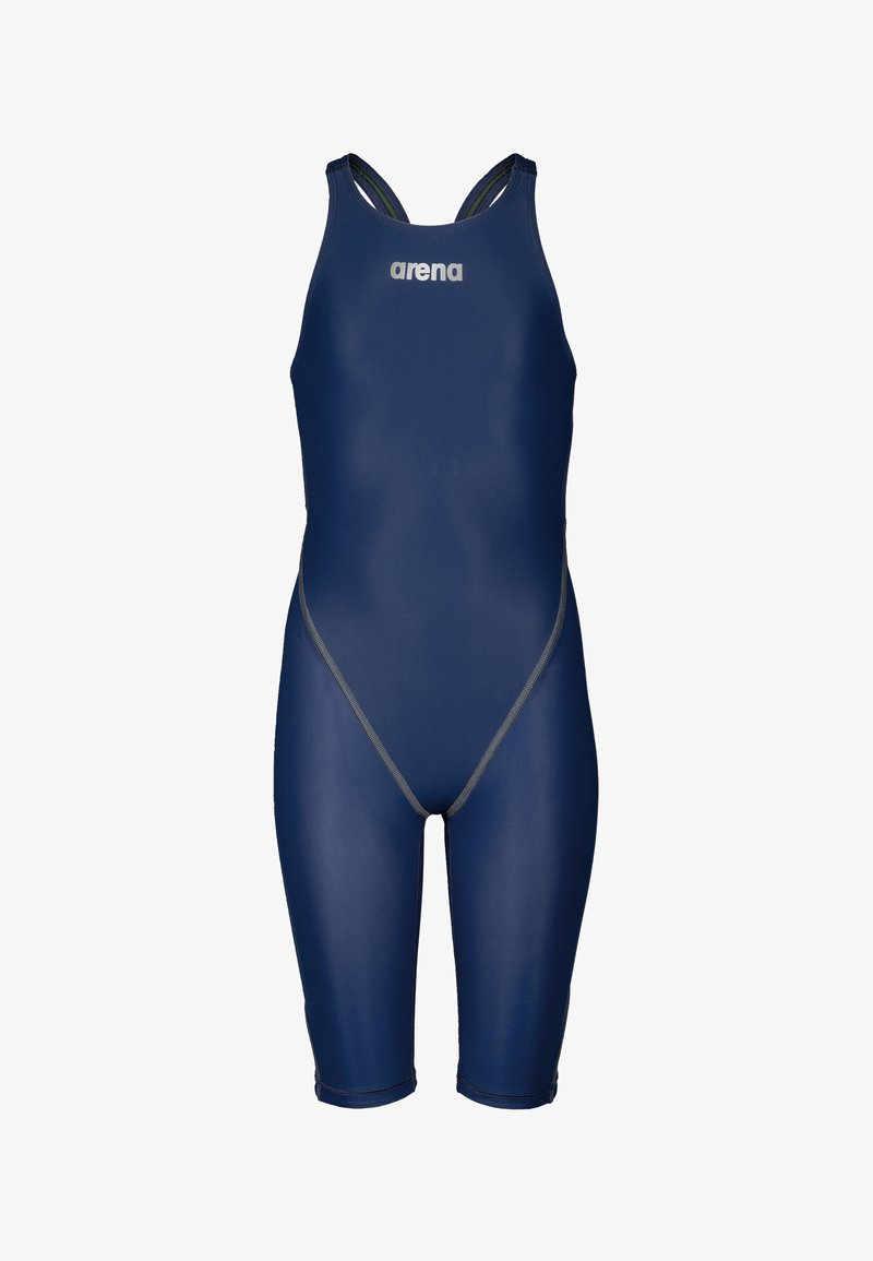 Jammer de natation de compétition bleu marine avec bretelles et logo « arena » sur la poitrine, conçu pour une performance de nage aérodynamique.