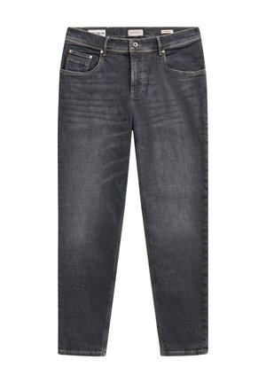Dark gray denim jeans with a straight leg design, five-pocket style, visible stitching, and subtle fading. Metal hardware accents included.
