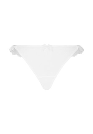 Witte kanten thong met een klein strikje aan de voorkant en transparante stof met hartjespatroon, voorzien van kant aan de zijkanten.