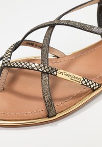 Sandale plate avec des brides noires entrecroisées affichant un motif en serpent métallique, des accents dorés et une semelle intérieure en cuir beige. Étiquette de marque visible.