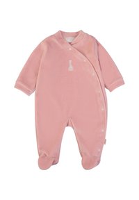 Rosa Baby-Einteiler aus weichem Samt, mit langen Ärmeln, Druckknopfverschluss und gesticktem Design auf der Brust. Abgerundete Füße.