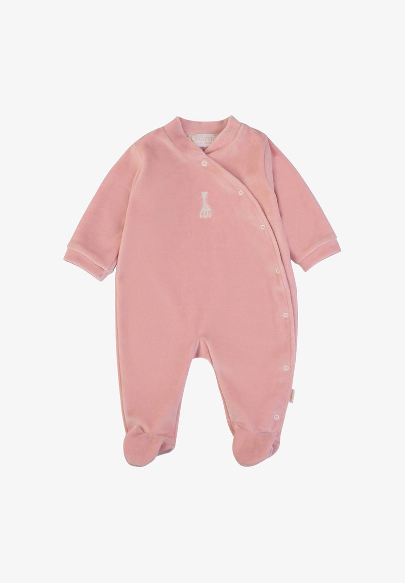 Pink baby onesie made of soft velvet, featuring long sleeves, a snap closure, and an embroidered design on the chest. Rounded feet.