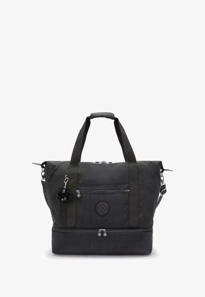 Borsa a sacca nera con manici superiori e tracolla regolabile. Realizzata in tessuto testurizzato, con una tasca frontale con zip e dettaglio del logo rotondo.
