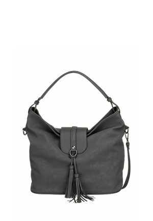 Sac à bandoulière en cuir noir avec une poignée unique, une fermeture à rabat, et des pampilles décoratives pendantes au centre avant.