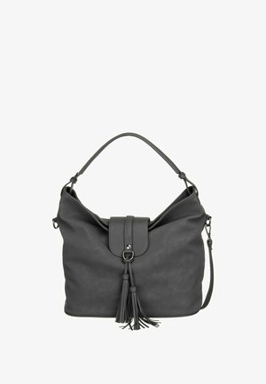 Sac à bandoulière en cuir noir avec une poignée unique, une fermeture à rabat, et des pampilles décoratives pendantes au centre avant.