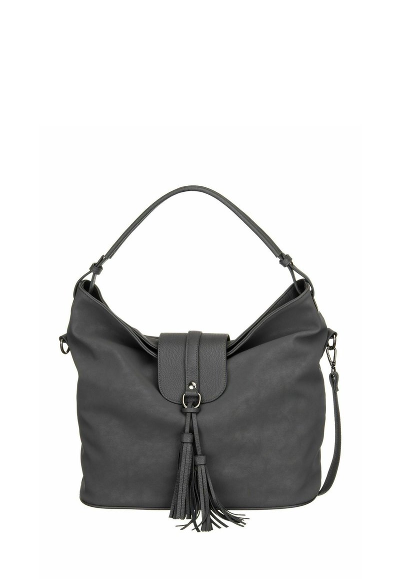 Sac à bandoulière en cuir noir avec une poignée unique, une fermeture à rabat, et des pampilles décoratives pendantes au centre avant.