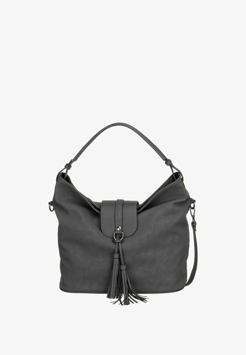 Sac à bandoulière en cuir noir avec une poignée unique, une fermeture à rabat, et des pampilles décoratives pendantes au centre avant.