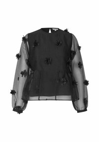 Musta läbipaistv blouse pikkae varrukaga, lillede aplikatsioonid, ümar kaelus ja peplum siluett. Tagaküljel on võtmeaugu kinnistus.