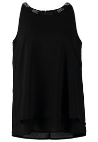 Svart ärmlös topp i slät tyg, har en pärlmönstrad halsringning, lös passform och en något längre bakdel.